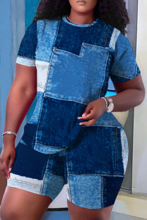 Blue Casual Print Basic O Neck Short Sleeve Two Pieces