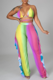 Blue Street Gradient Color Patchwork Backless Strap Design Ruffled Trim Spaghetti Strap Three Pieces