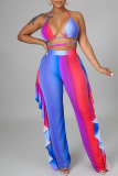 Blue Street Gradient Color Patchwork Backless Strap Design Ruffled Trim Spaghetti Strap Three Pieces