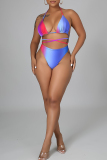 Blue Street Gradient Color Patchwork Backless Strap Design Ruffled Trim Spaghetti Strap Three Pieces