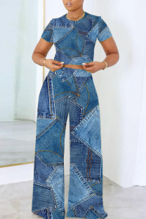 Dark Blue Casual Print Basic O Neck Short Sleeve Two Pieces