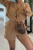 Brown Casual Solid Color Lace Up Buckle Patchwork Turndown Collar Long Sleeve Two Pieces