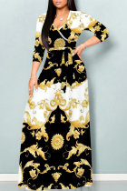 Gold Elegant National Totem Chain print Lace Up Contrast V Neck Printed Dresses