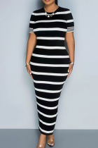 Black Elegant Stripe Patchwork O Neck Long Dresses