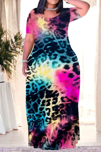 Leopard Print Casual Geometric Print Leopard Print Pocket Contrast O Neck Printed Plus Size Dresses