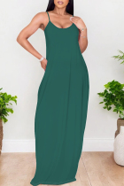 Ink Green Sexy Solid Color Pocket U Neck Sling Dresses