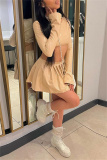 Skin Color Casual Solid Color Basic O Neck Long Sleeve Two Pieces