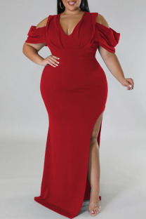 Brick Red Sexy Solid Color Slit V Neck Long Plus Size Dresses