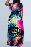 Leopard Print Casual Geometric Print Leopard Print Pocket Contrast O Neck Printed Plus Size Dresses