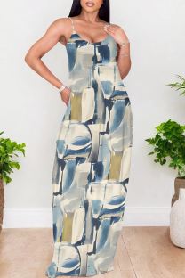 Baby Blue Sexy Gradient Print Colorblock Pocket Contrast U Neck Printed Dresses