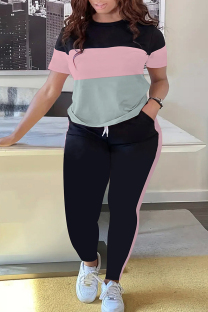 Multicolor Casual Pocket Lace Up Patchwork O Neck Plus Size Two Pieces
