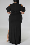 Black Sexy Solid Color Slit V Neck Long Plus Size Dresses