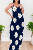 Dark Blue Casual Print Patchwork Backless Spaghetti Strap Sling Dresses