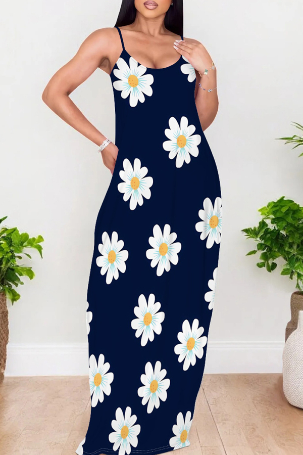 Dark Blue Casual Print Patchwork Backless Spaghetti Strap Sling Dresses
