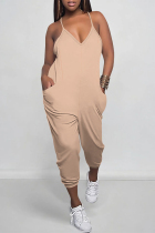 Pink Casual Solid Color Pocket V Neck Loose Jumpsuits
