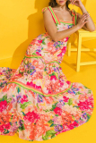 Red Elegant Print Patchwork Backless Square Neck Long Dresses