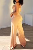 Apricot Sexy Solid Color Hollow Out Backless Strapless Bodycon Jumpsuits