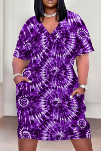 Purple Casual Print Pocket Patchwork V Neck Straight Plus Size Dresses
