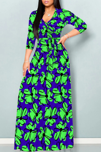 Green Elegant Flowers Print Lace Up V Neck Printed Dresses
