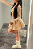 Skin Color Casual Solid Color Basic O Neck Long Sleeve Two Pieces