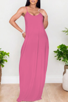 Rose Pink Sexy Solid Color Pocket U Neck Sling Dresses