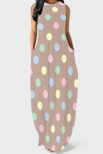 Pink Casual Polka Dot Pocket Patchwork O Neck Long Dresses