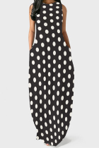 Black White Casual Polka Dot Pocket Patchwork O Neck Long Dresses