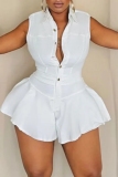 White Casual Solid Color Buttons Turndown Collar Bodycon Rompers