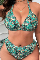 Green Sportswear Print Patchwork Backless Halter Plus Size Swimwear