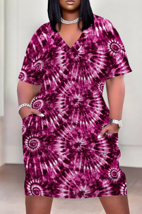 Rose Red Casual Print Pocket Patchwork V Neck Straight Plus Size Dresses