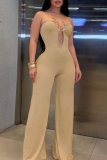 Apricot Sexy Solid Color Hollow Out Backless Strapless Bodycon Jumpsuits