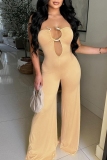Apricot Sexy Solid Color Hollow Out Backless Strapless Bodycon Jumpsuits