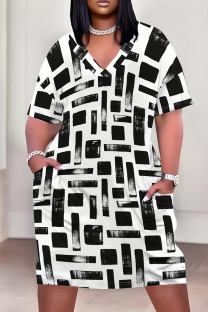 Black And White Casual Print Pocket Patchwork V Neck Straight Plus Size Dresses