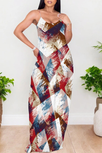 Red Sexy Gradient Print Colorblock Pocket Contrast U Neck Printed Dresses