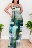 Green Sexy Gradient Print Colorblock Pocket Contrast U Neck Printed Dresses