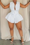 White Casual Solid Color Buttons Turndown Collar Bodycon Rompers