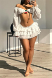 White Sexy Hot Solid Color Patchwork Off Shoulder Long Sleeve Two Pieces