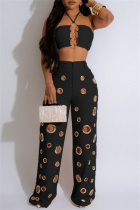 Black Sexy Casual Solid Color Hollow Out Patchwork Metal Accessories Trim Belted Halter Sleeveless Two Pieces