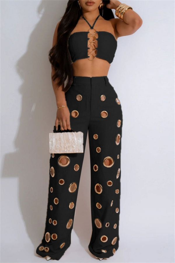 Black Sexy Casual Solid Color Hollow Out Patchwork Metal Accessories Trim Belted Halter Sleeveless Two Pieces