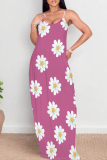 Dark Blue Casual Print Patchwork Backless Spaghetti Strap Sling Dresses