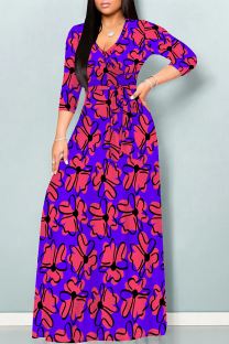 Purple Elegant Flowers Print Lace Up V Neck Printed Dresses