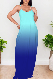 Cyanine Elegant Gradient Print Patchwork Backless Spaghetti Strap Sling Dresses