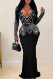 Black Sexy Solid Color Patchwork Hot Drill Deep V Neck Long Dresses