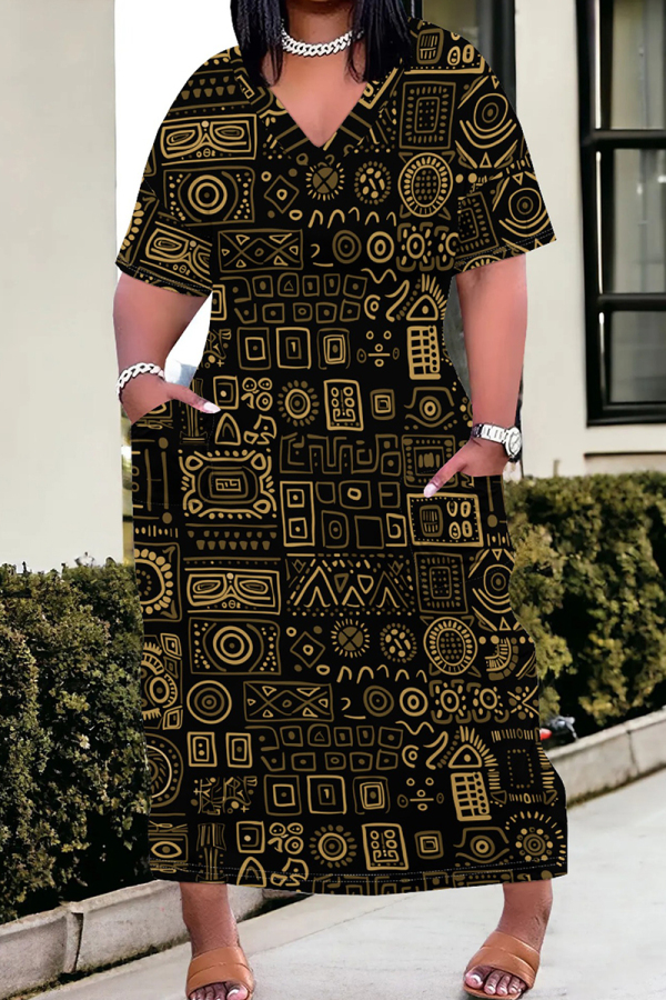 Black Yellow Casual Print Pocket Patchwork V Neck Straight Plus Size Dresses