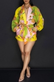 Yellow Casual Floral Print With Belt Turndown Collar Regular Rompers