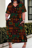 Purple Casual Print Pocket Patchwork V Neck Straight Plus Size Dresses