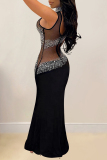 Black Sexy Patchwork Hot Drilling See-Through Backless Turtleneck Long Dresses
