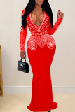 Black Sexy Solid Color Patchwork Hot Drill Deep V Neck Long Dresses