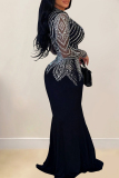 Black Sexy Solid Color Patchwork Hot Drill Deep V Neck Long Dresses