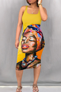 Orange Yellow Casual Print Patchwork Square Collar Wrapped Skirt Dresses